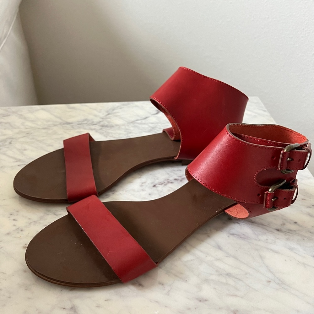 Jcrew Women’s Italy Red 100% Leather Ankle Strap Sandal Size 10 Worn Once